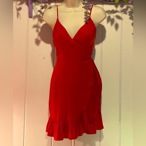 Free People Intimately red silky wrap dress surplice neck,ruffle hi low hem sz.S - Picture 2 of 11